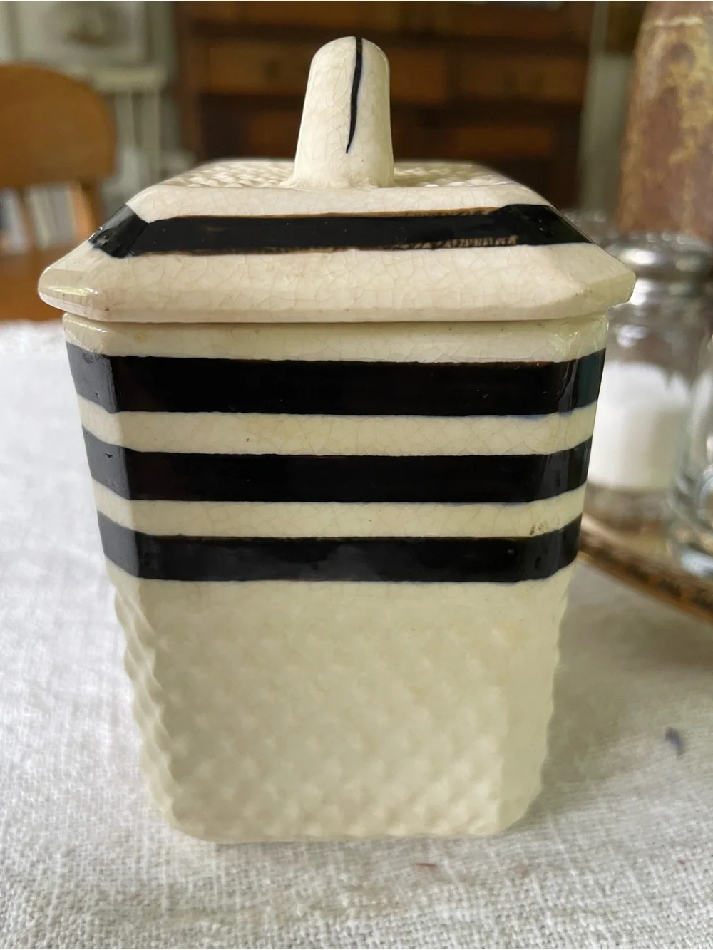Vintage Hand Painted Japan Striped Ceramic Pepper Canister - Black and Cream